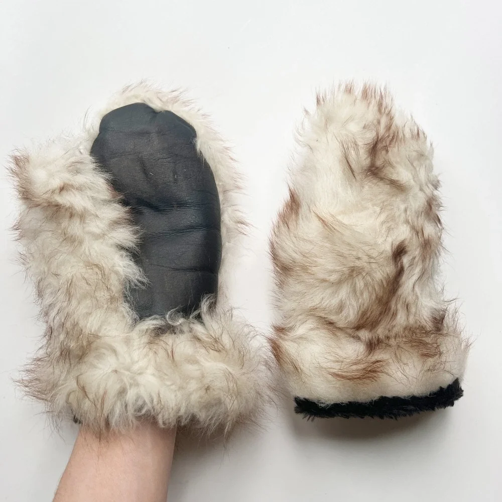 Vintage Genuine Fur Leather Mittens Shearling Sheepskin Cozy Winter Gloves